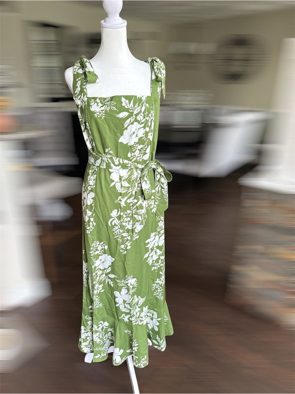 Green Floral Tie-Shoulder Midi Dress with Removable Waist Tie